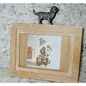 Pier 1 Pewter Dog and Distressed Wood Photo Picture Frame Fits 4x7 &‎ 5x8 Photos